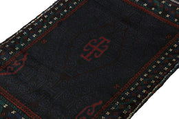 Vintage Balouch Persian Rug In Blue Black & Red Tribal Patterns