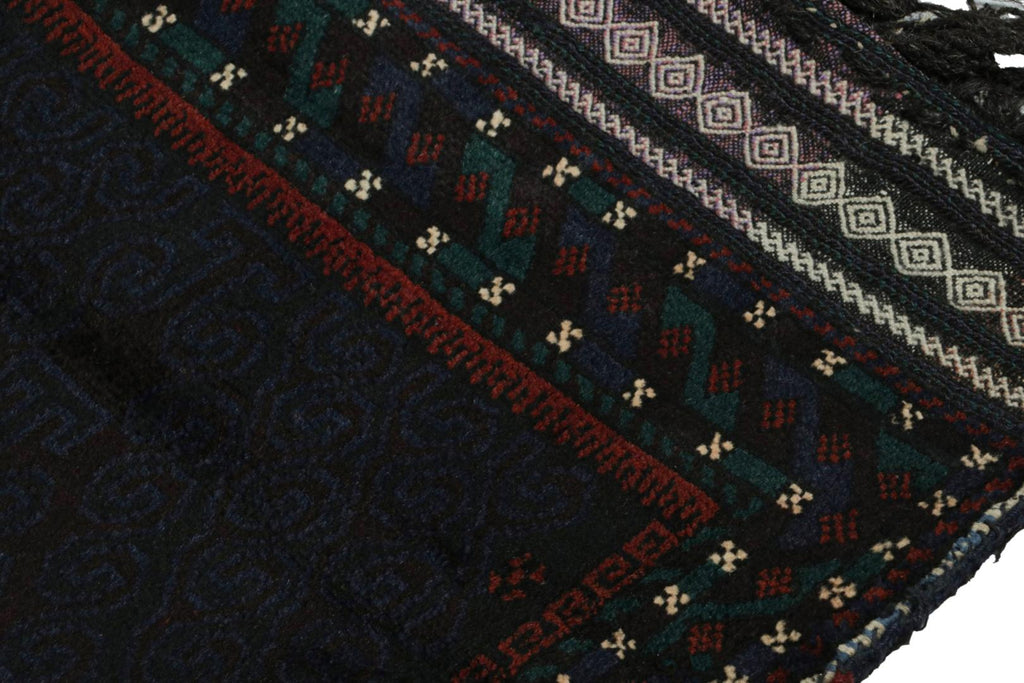 Vintage Balouch Persian Rug In Blue Black & Red Tribal Patterns