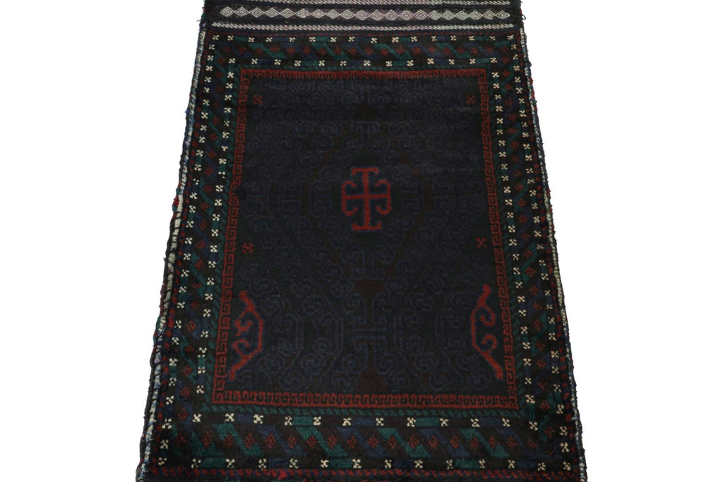 Vintage Balouch Persian Rug In Blue Black & Red Tribal Patterns