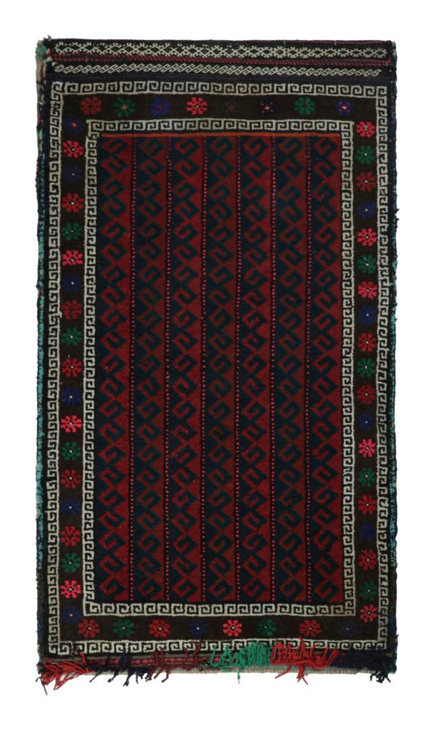 Vintage Balouch Persian Rug In Red Blue White & Black Patterns 2X3