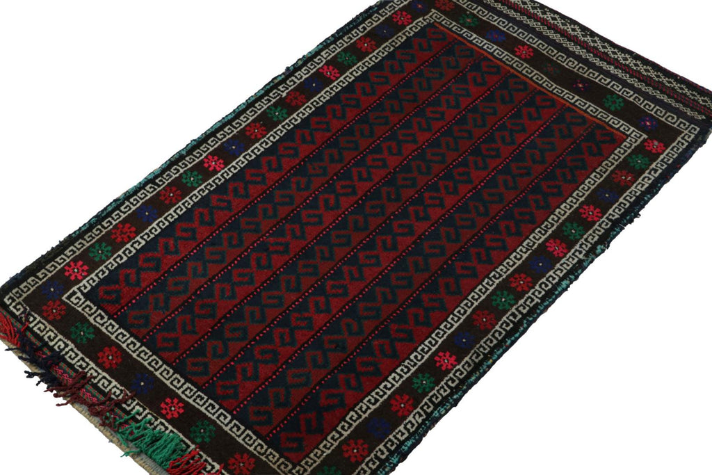 Vintage Balouch Persian Rug In Red Blue White & Black Patterns 2X3