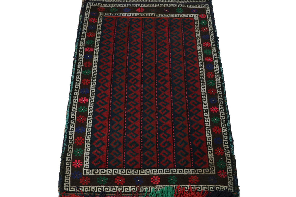 Vintage Balouch Persian Rug In Red Blue White & Black Patterns 2X3