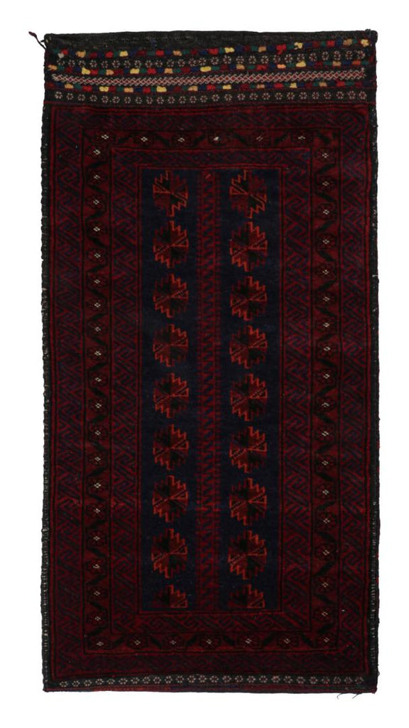 Vintage Balouch Persian Rug In Red Blue & Black Patterns