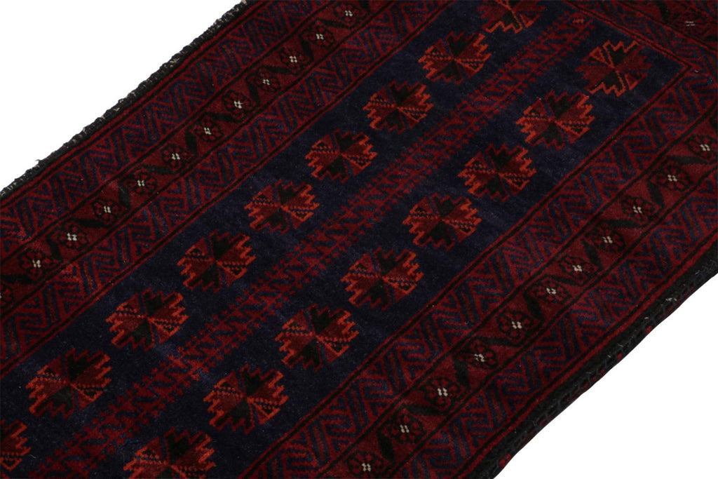 Vintage Balouch Persian Rug In Red Blue & Black Patterns