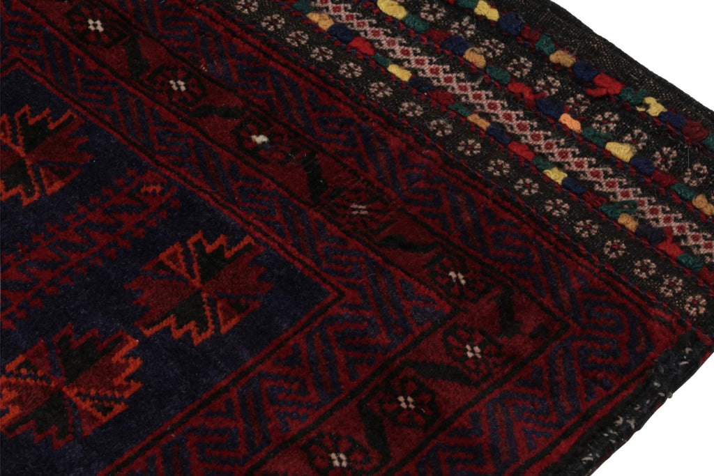 Vintage Balouch Persian Rug In Red Blue & Black Patterns