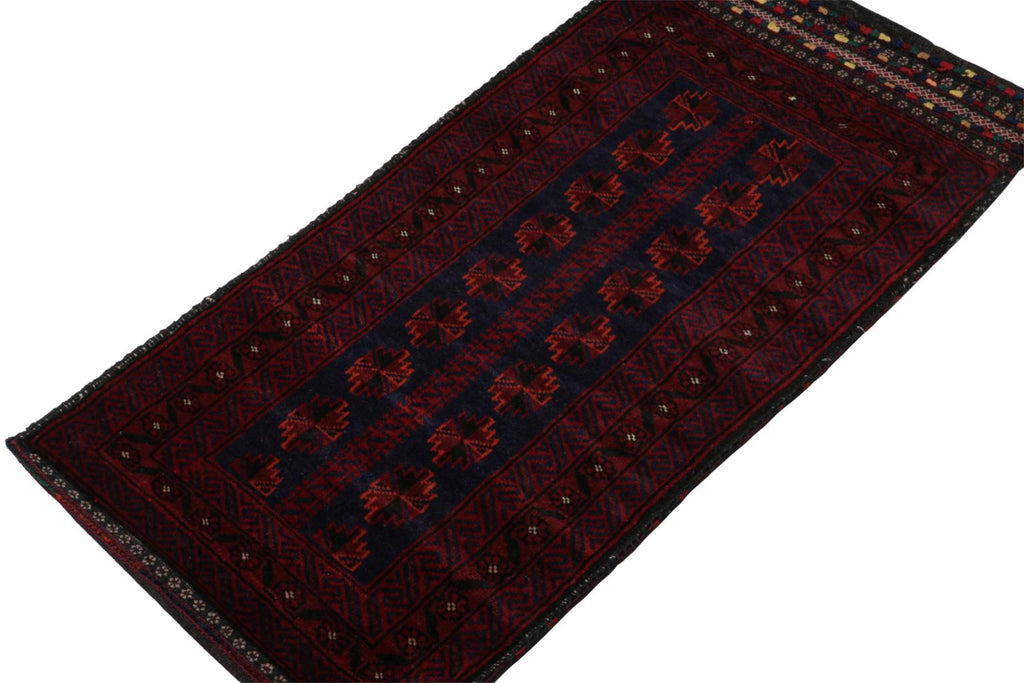 Vintage Balouch Persian Rug In Red Blue & Black Patterns