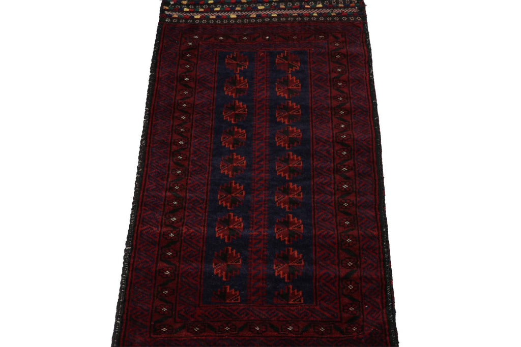 Vintage Balouch Persian Rug In Red Blue & Black Patterns