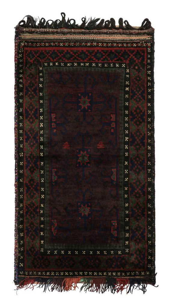 Vintage Balouch Persian Rug In Red Green Blue & Black Patterns