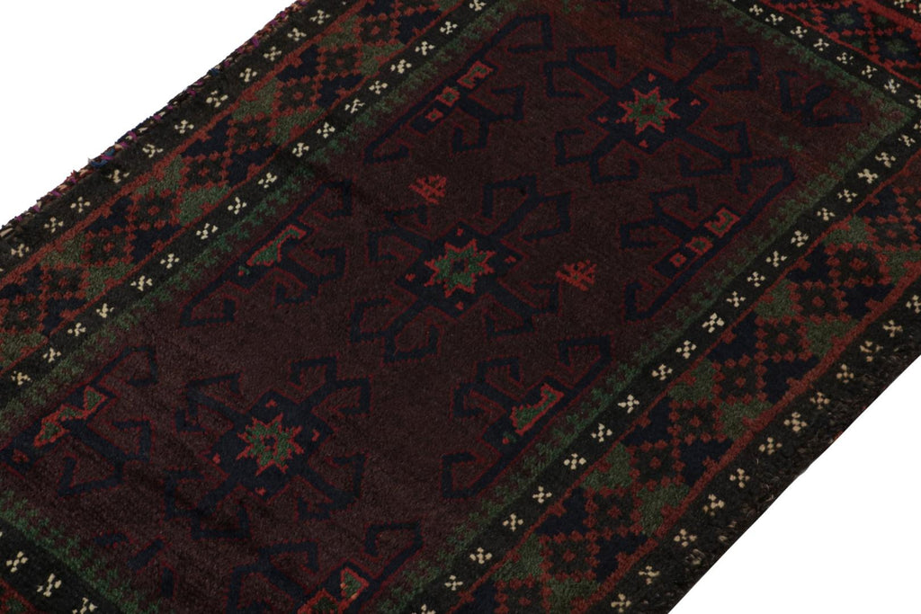 Vintage Balouch Persian Rug In Red Green Blue & Black Patterns