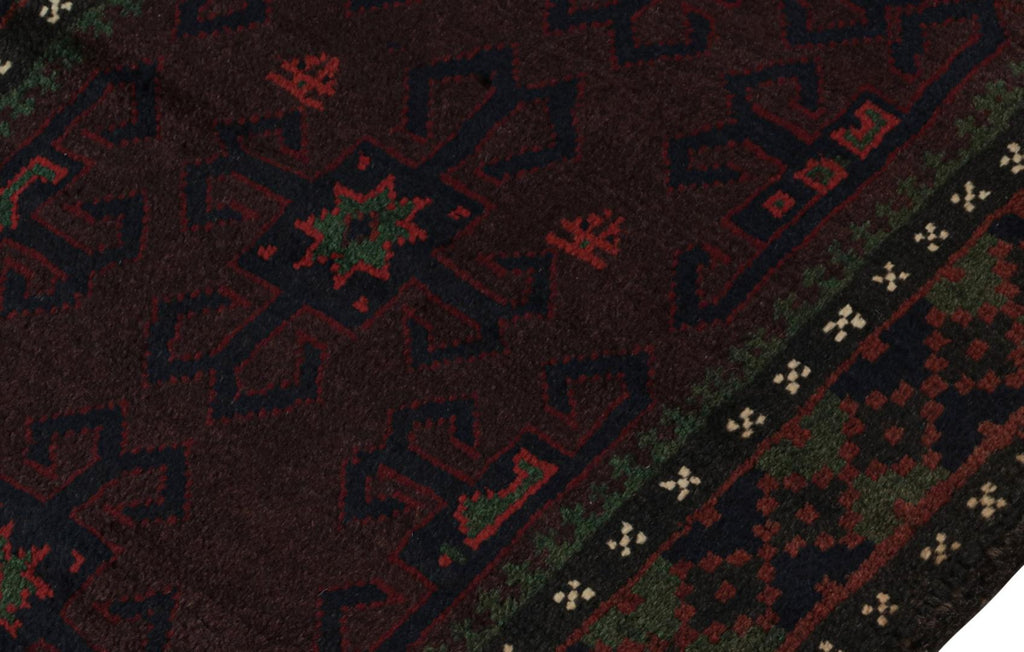 Vintage Balouch Persian Rug In Red Green Blue & Black Patterns