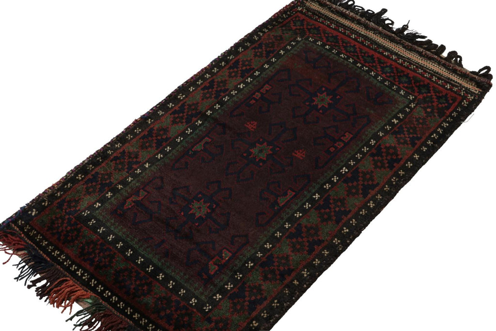 Vintage Balouch Persian Rug In Red Green Blue & Black Patterns