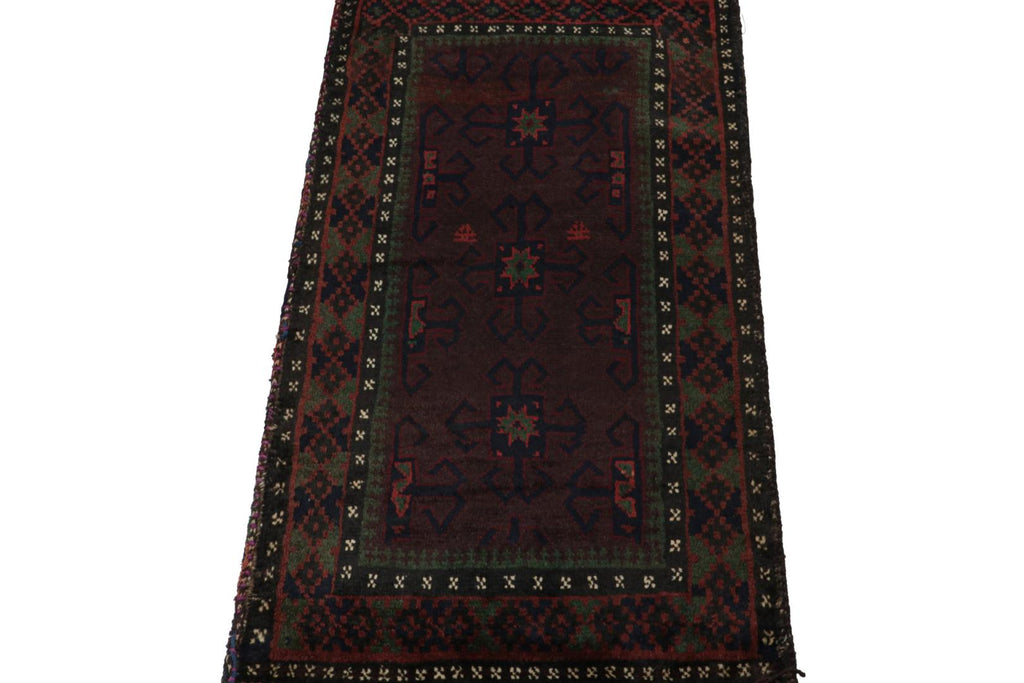 Vintage Balouch Persian Rug In Red Green Blue & Black Patterns