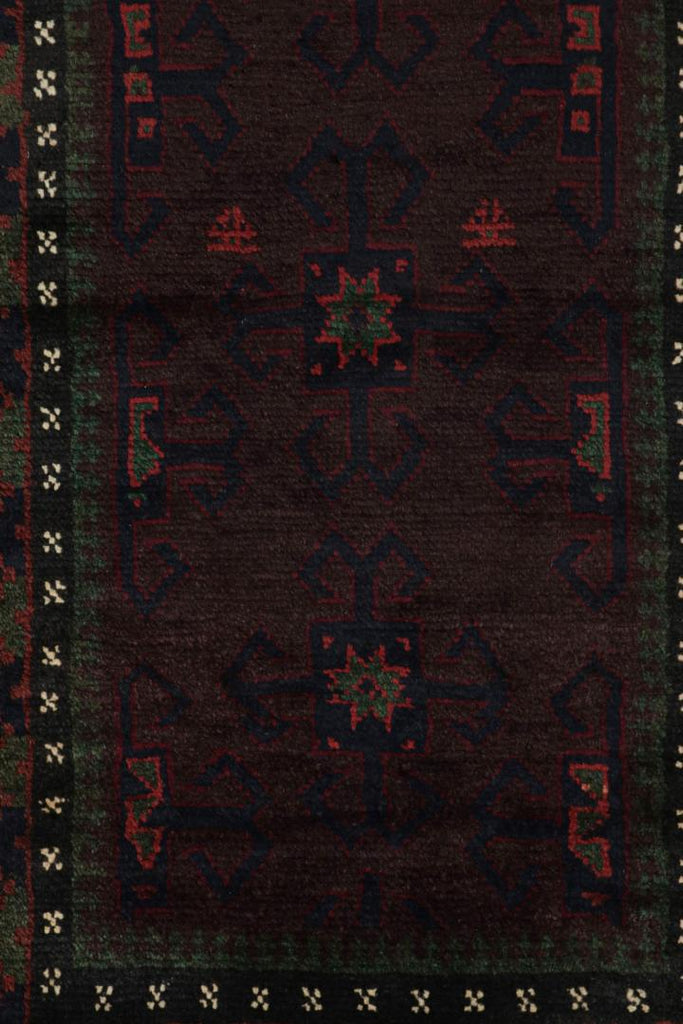 Vintage Balouch Persian Rug In Red Green Blue & Black Patterns