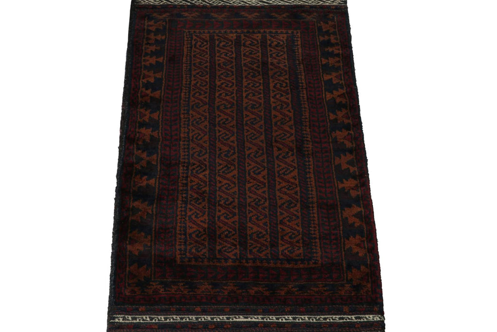 Vintage Balouch Persian Rug In Brown Red & Blue Patterns