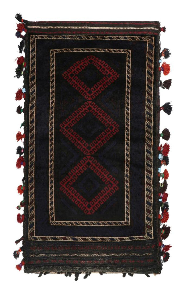 Vintage Balouch Persian Rug In Black & Red Tribal Patterns 2X3