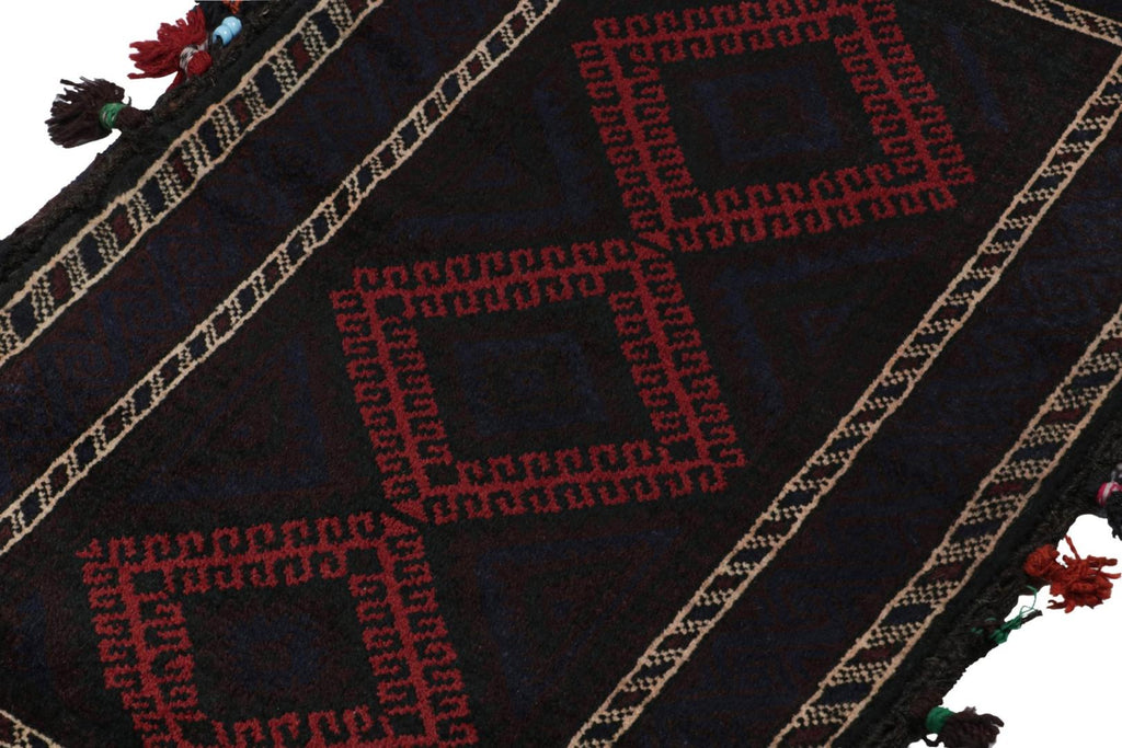 Vintage Balouch Persian Rug In Black & Red Tribal Patterns 2X3