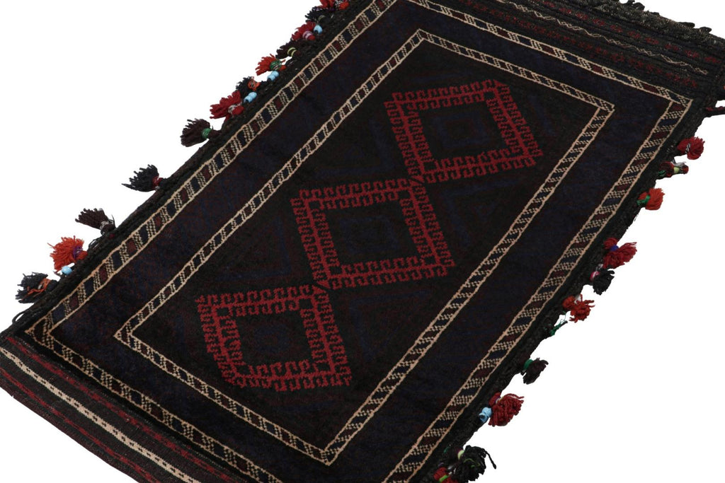 Vintage Balouch Persian Rug In Black & Red Tribal Patterns 2X3