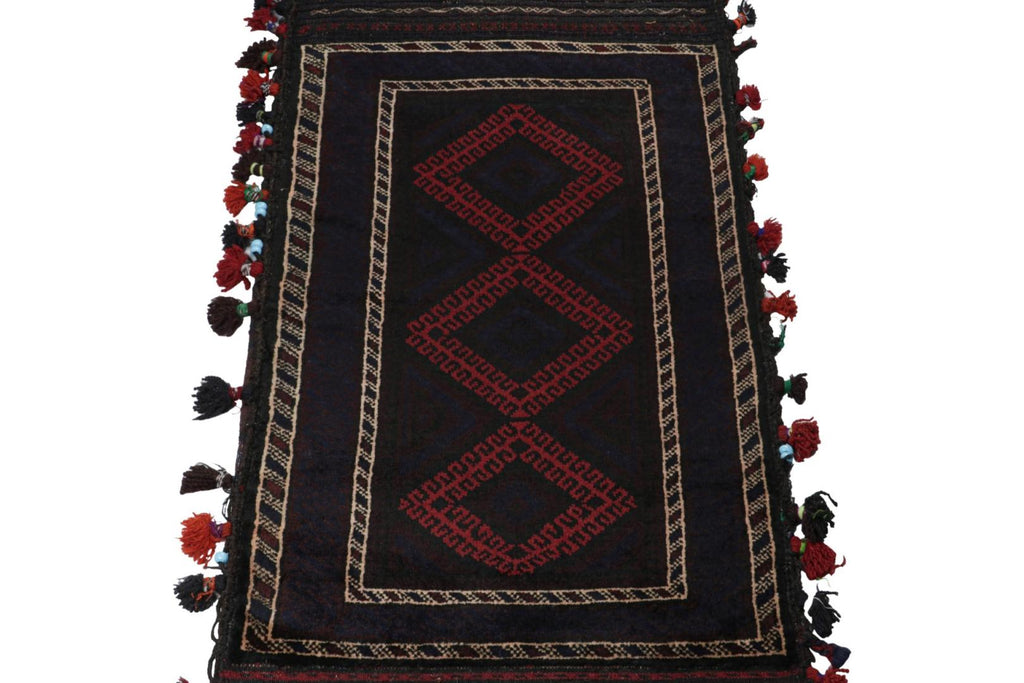 Vintage Balouch Persian Rug In Black & Red Tribal Patterns 2X3