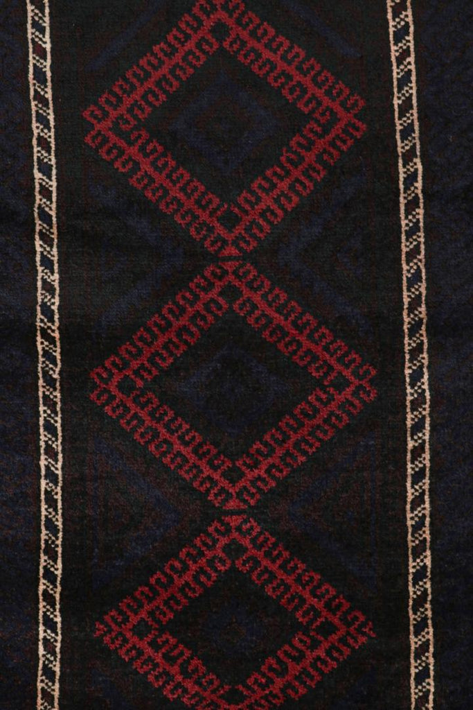 Vintage Balouch Persian Rug In Black & Red Tribal Patterns 2X3