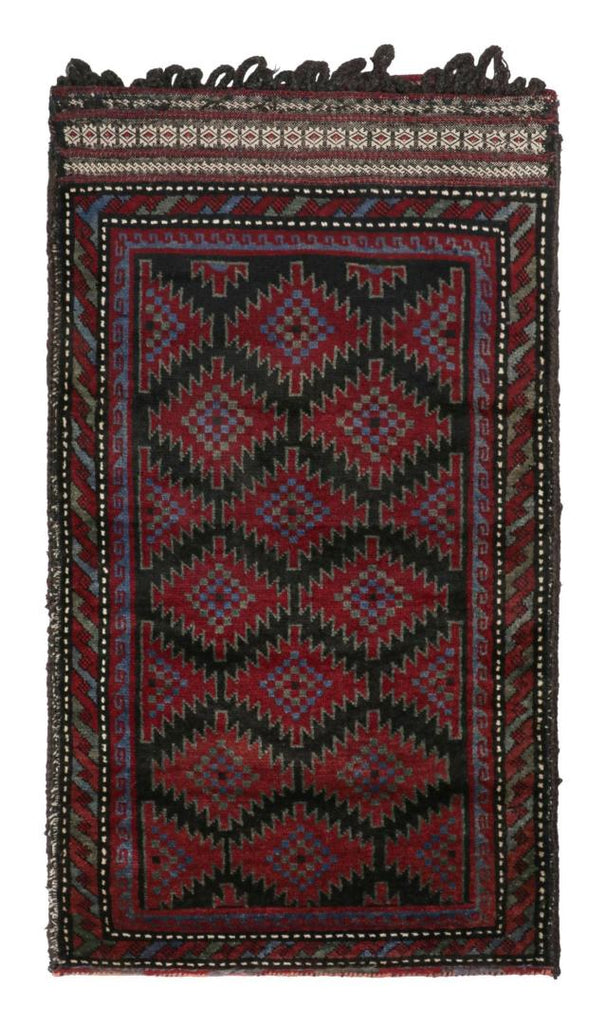 Vintage Balouch Persian Rug In Black & Red Tribal Patterns 2X4