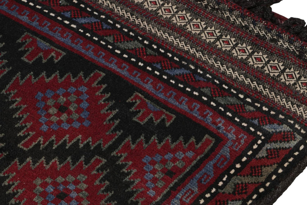 Vintage Balouch Persian Rug In Black & Red Tribal Patterns 2X4