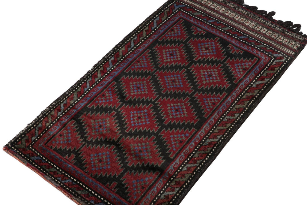 Vintage Balouch Persian Rug In Black & Red Tribal Patterns 2X4