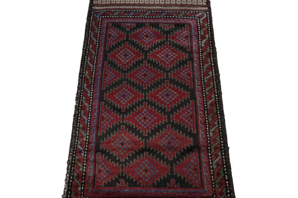 Vintage Balouch Persian Rug In Black & Red Tribal Patterns 2X4