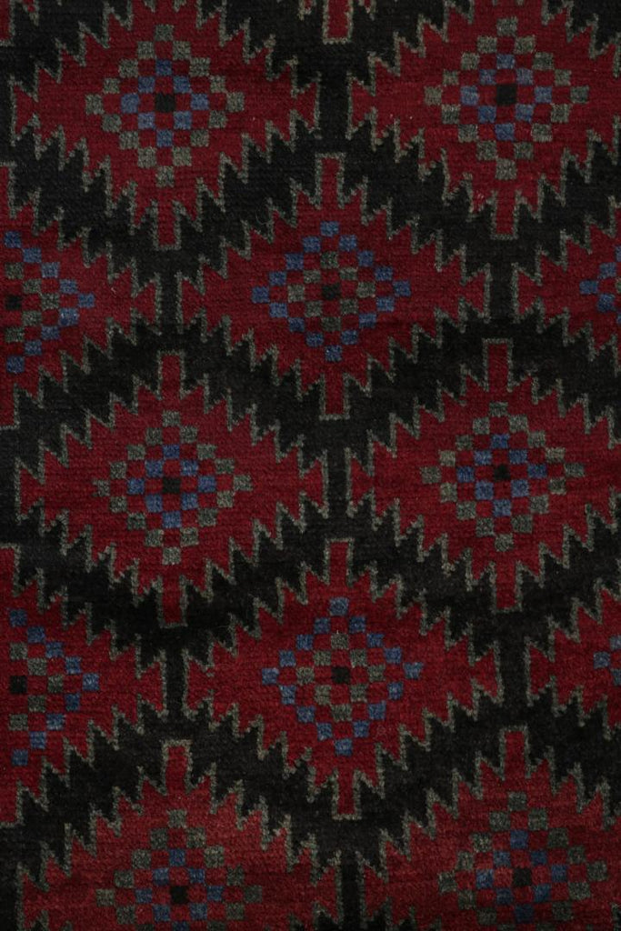 Vintage Balouch Persian Rug In Black & Red Tribal Patterns 2X4