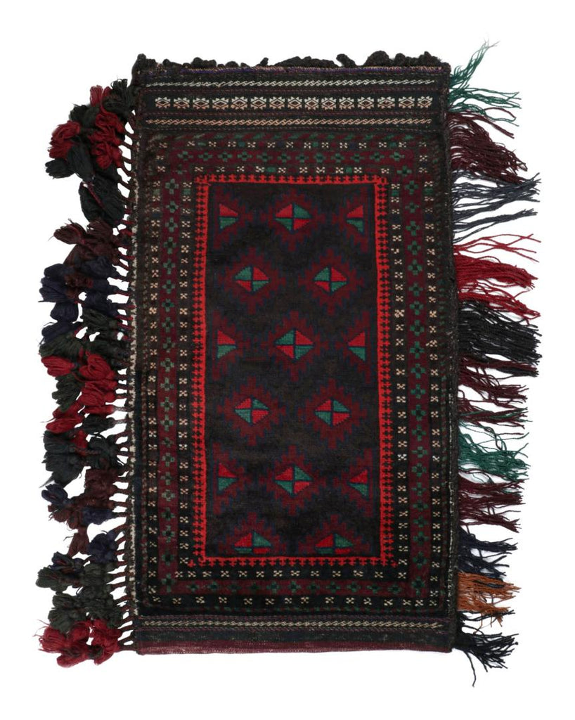 Vintage Balouch Persian Rug In Black Red & Green Patterns