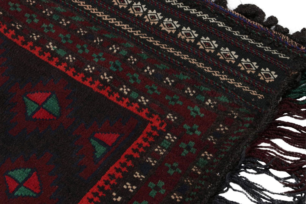 Vintage Balouch Persian Rug In Black Red & Green Patterns