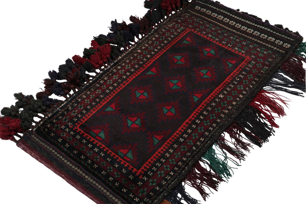 Vintage Balouch Persian Rug In Black Red & Green Patterns