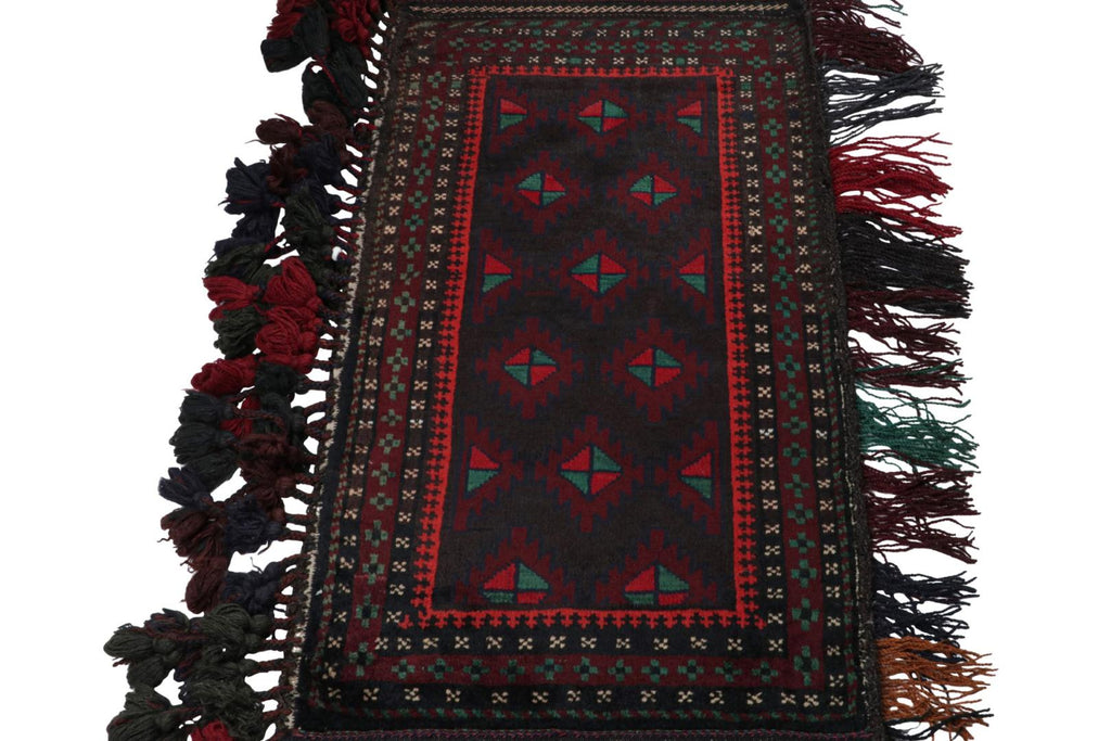 Vintage Balouch Persian Rug In Black Red & Green Patterns