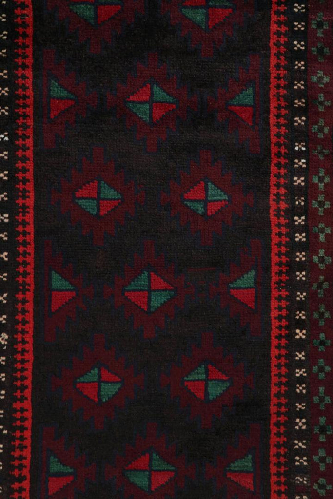 Vintage Balouch Persian Rug In Black Red & Green Patterns