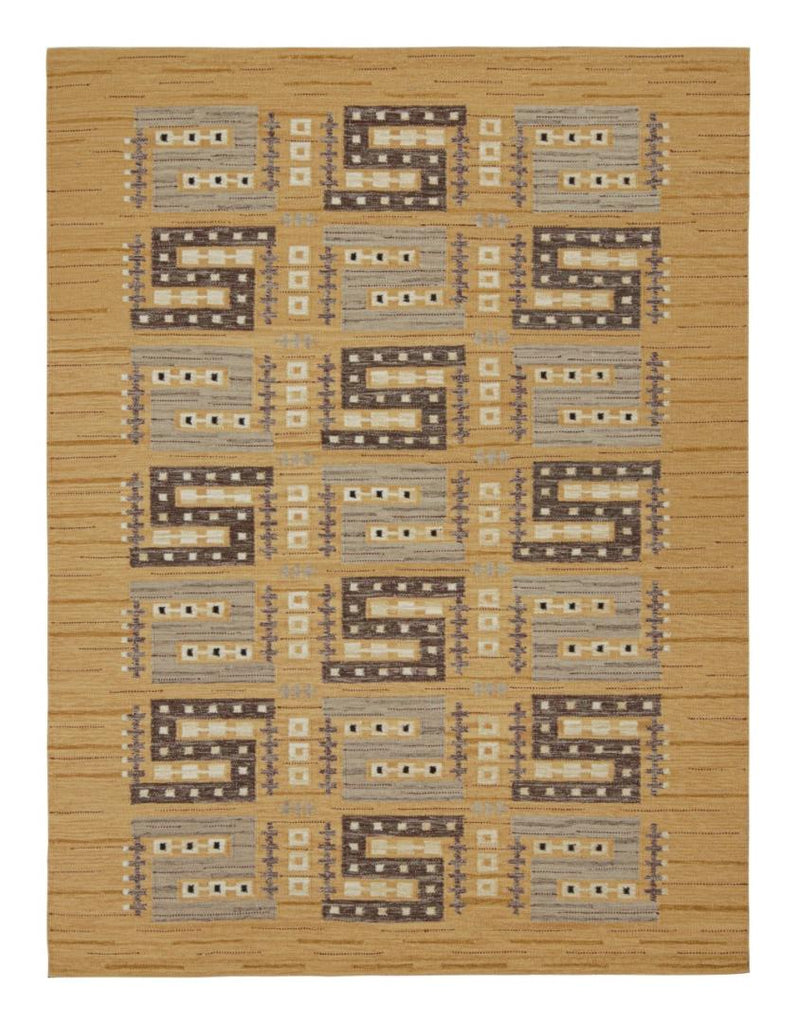 Scandinavian Rug In Gold With Gray Brown Geometric Pattern