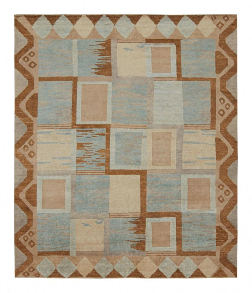 Scandinavian Rug In Blue & Brown Geometric Patterns 8X10