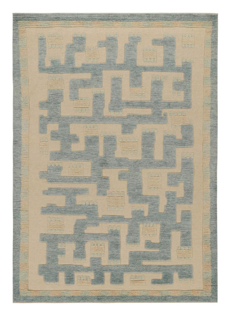 Scandinavian Rug In Blue & Beige Geometric Patterns