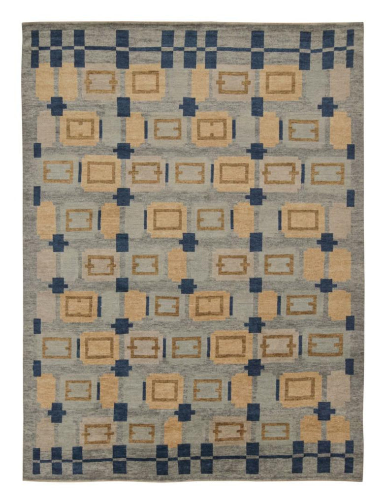 Scandinavian Rug In Blue Brown & Gray Geometric Patterns