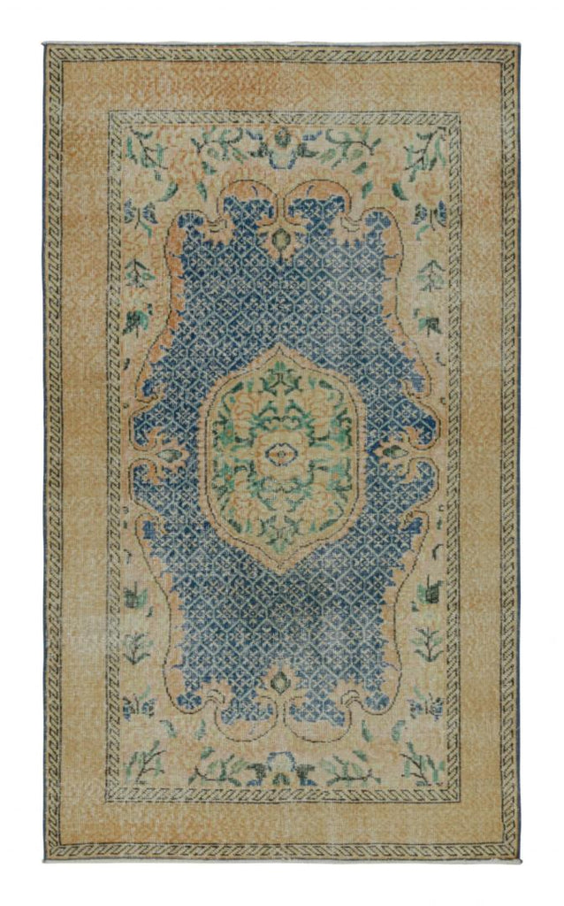 Vintage Turkish Rug With Gold Medallion And Blue Open Field