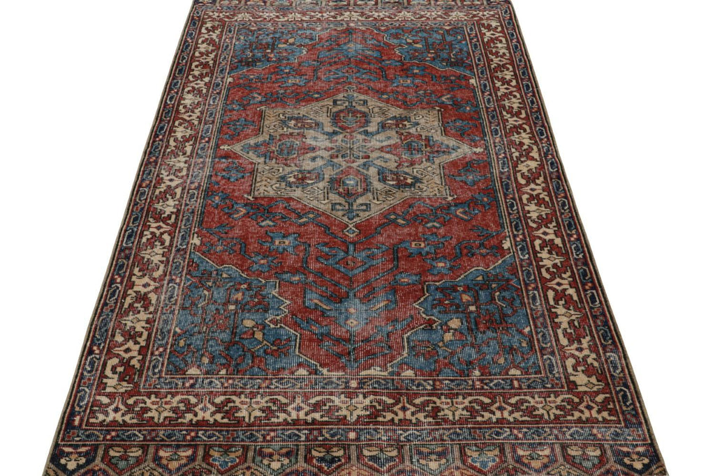 Vintage Zeki Muren Rug In Red & Blue Geometric Patterns