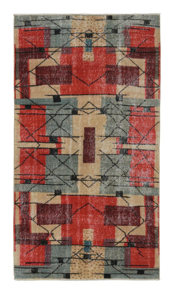 Vintage Zeki Muren Rug In Red Beige Blue & Black Patterns