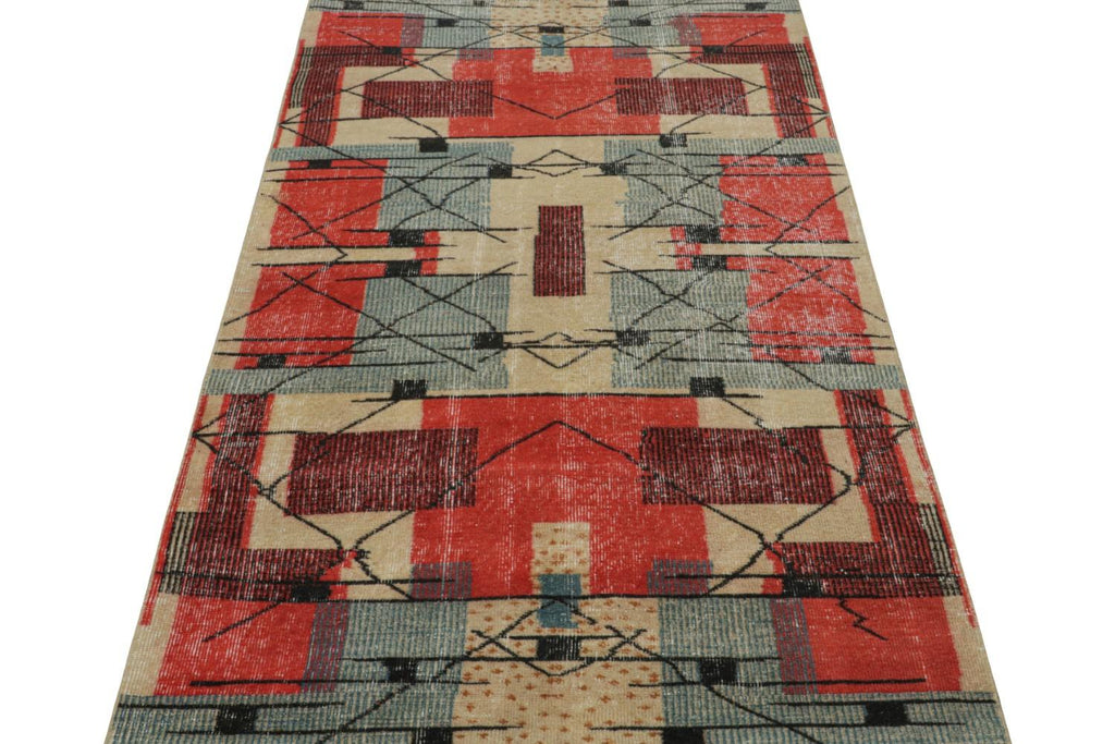 Vintage Zeki Muren Rug In Red Beige Blue & Black Patterns