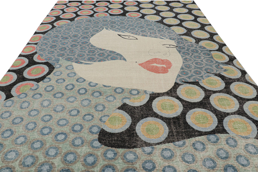 Modern Distressed Rug in Polychromatic Figural Pictorial