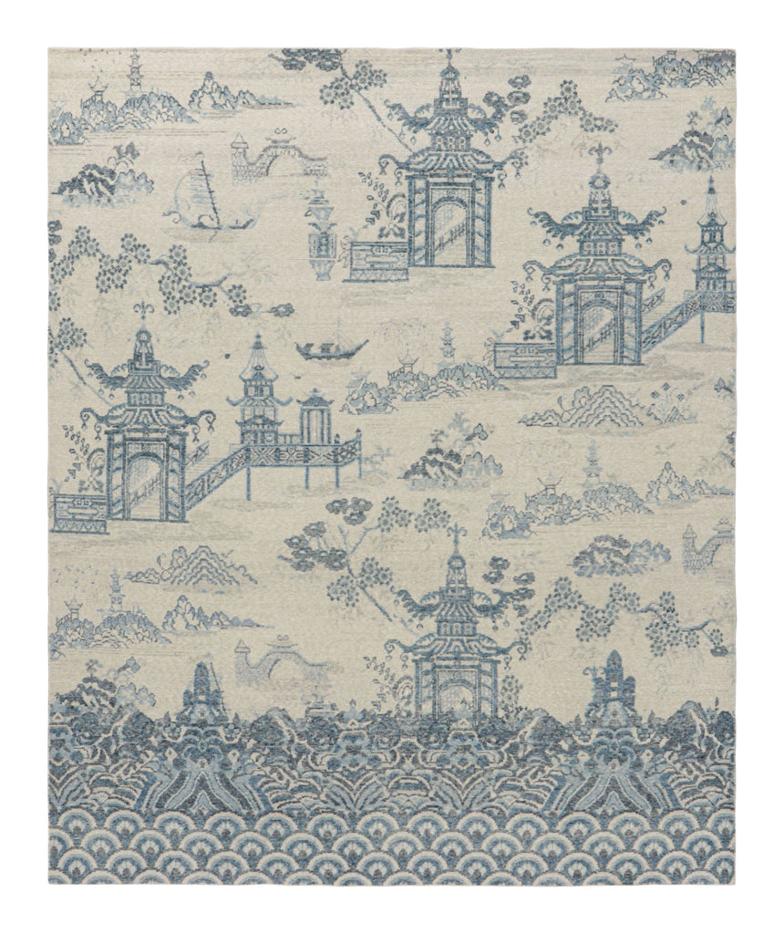 Distressed Chinese Pictorial Rug in Blue and Off-White Tones