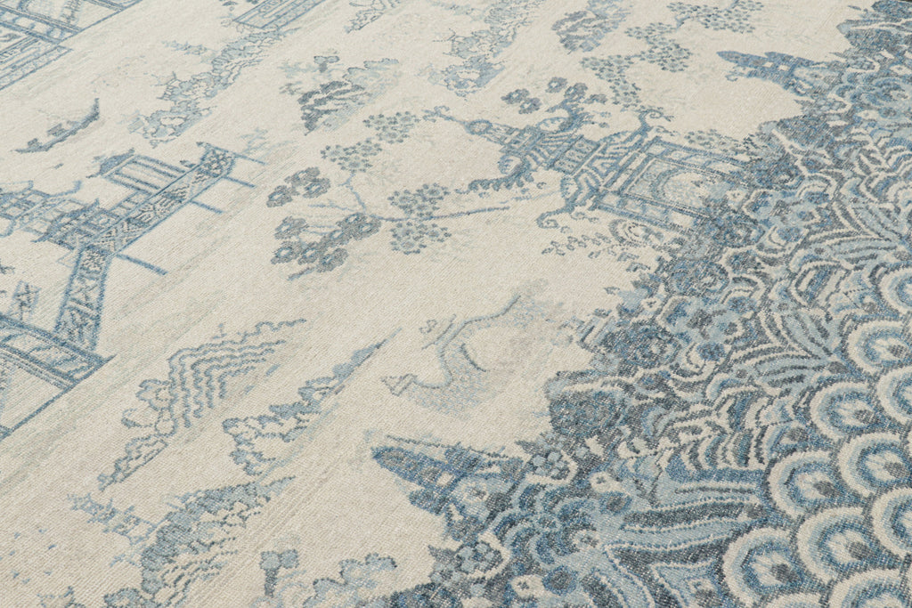 Distressed Chinese Pictorial Rug in Blue and Off-White Tones