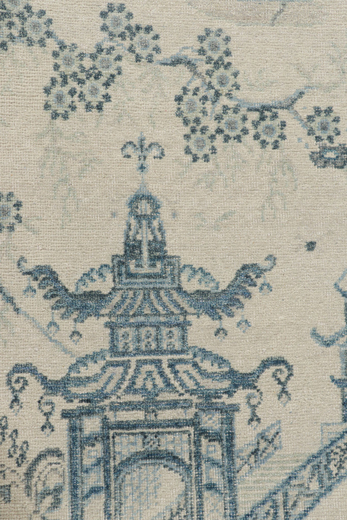 Distressed Chinese Pictorial Rug in Blue and Off-White Tones