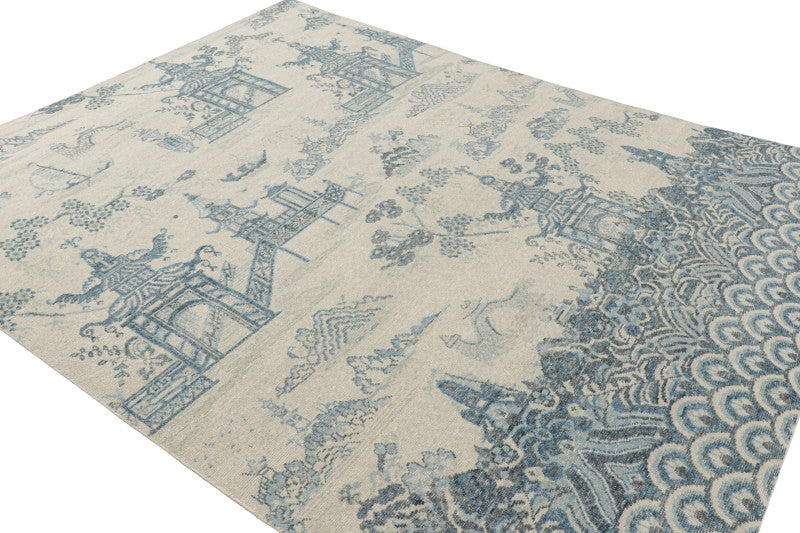 Distressed Chinese Pictorial Rug in Blue and Off-White Tones