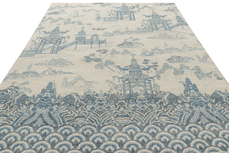 Distressed Chinese Pictorial Rug in Blue and Off-White Tones