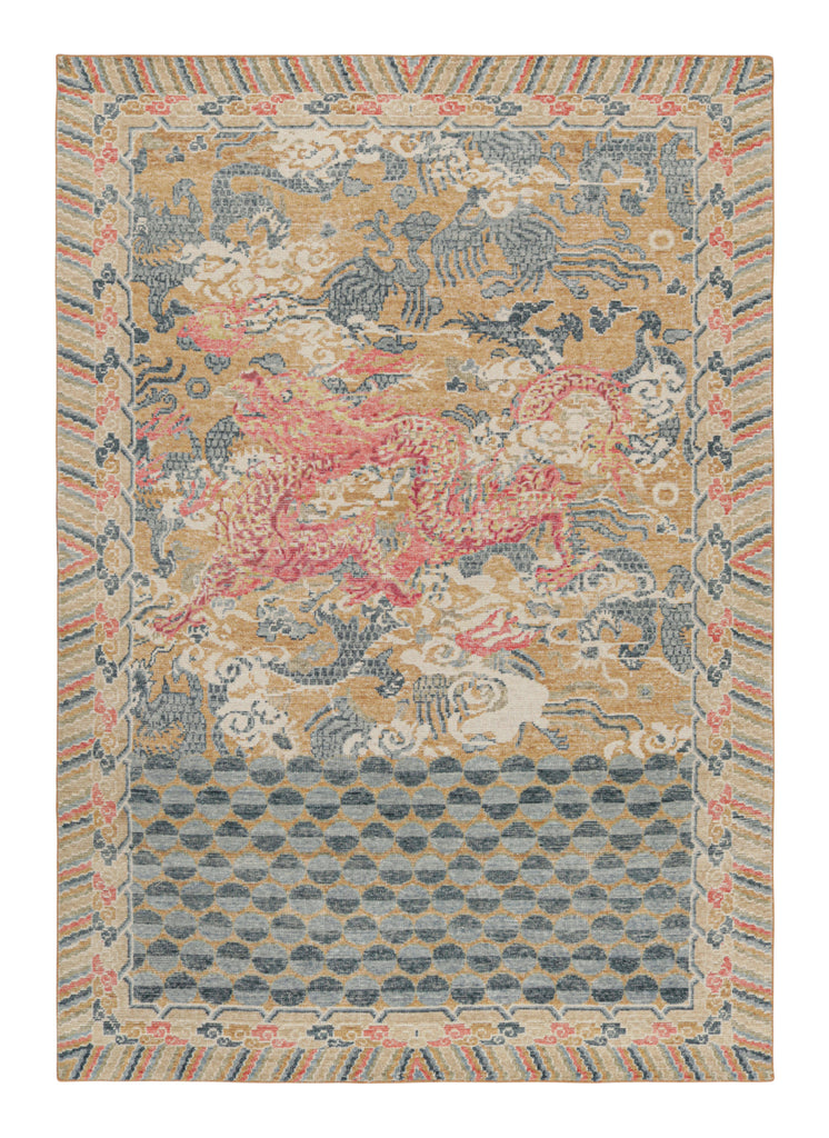 Distressed Dragon Rug in Blue, Ochre and Red Pictorial Patterns