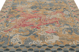 Distressed Dragon Rug in Blue, Ochre and Red Pictorial Patterns