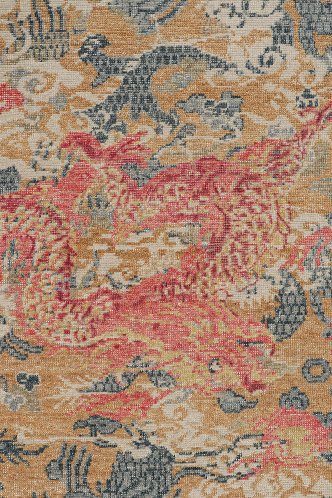 Distressed Dragon Rug in Blue, Ochre and Red Pictorial Patterns